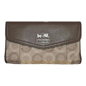 Coach Signature Canvas & Leather Trifold Wallet Brown Khaki Snap Zip Organizer